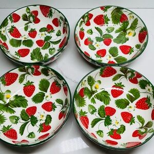 4 Small Bowls SH Home Strawberries Pattern Red Green & white Ceramic 5.5” New